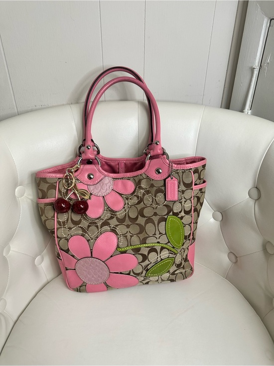 Coach Handbags - Coach Pink Floral Signature Tote with Green Leaf Accents
